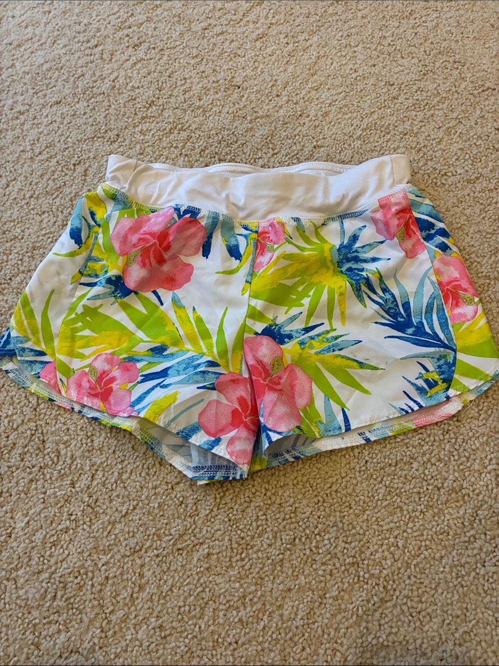 Floral Tropical Print girls 10/12 athletic Shorts - White with Pink & Green